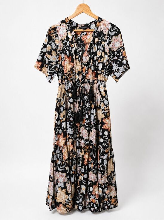 Saks Fifth Avenue Dresses & Skirts - Saks Fifth Avenue Floral Midi Dress Black Cotton Tassel Tie Waist Size Medium